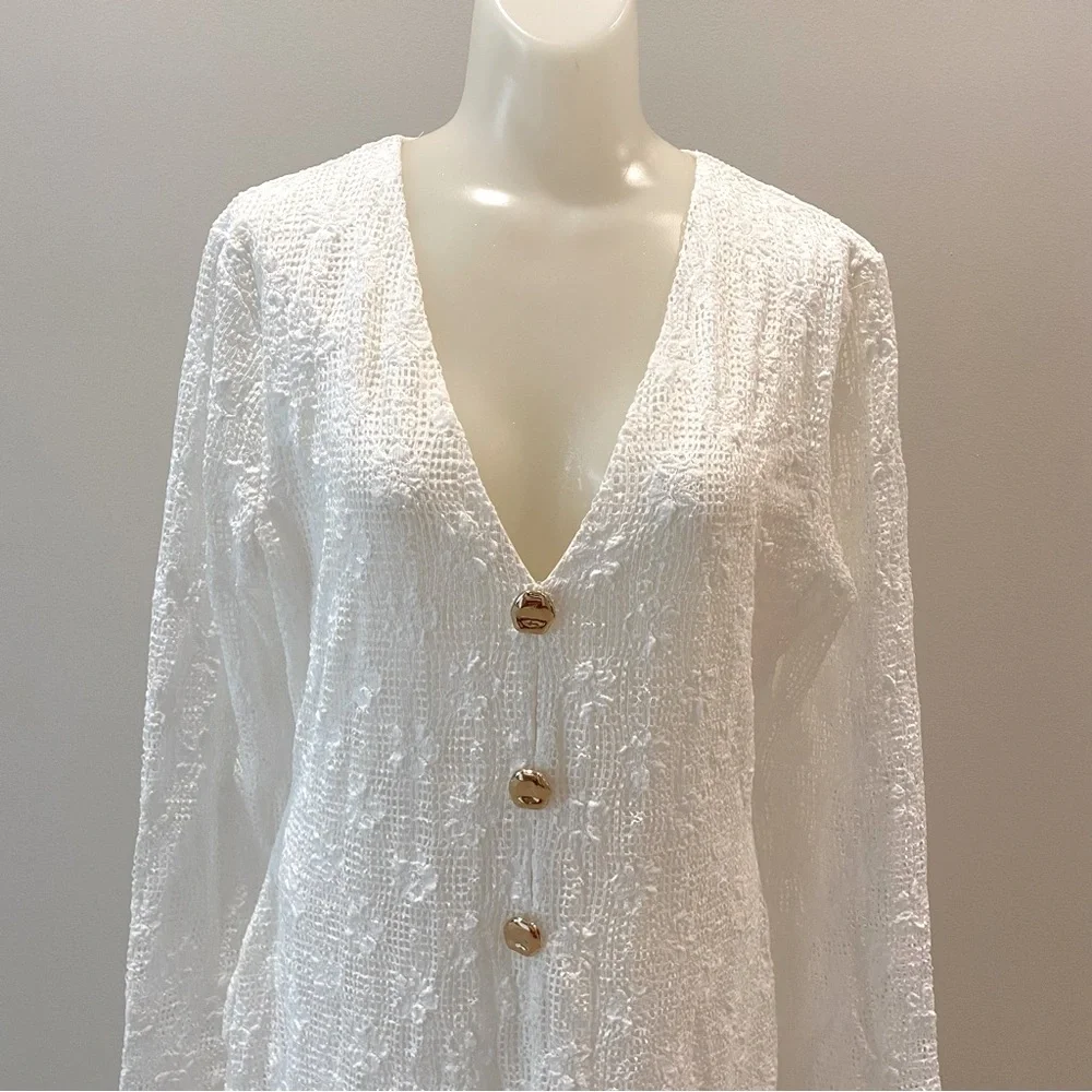 Zara NWT white crochet lace midi dress V neck long sleeve lined size Large - Picture 6 of 13